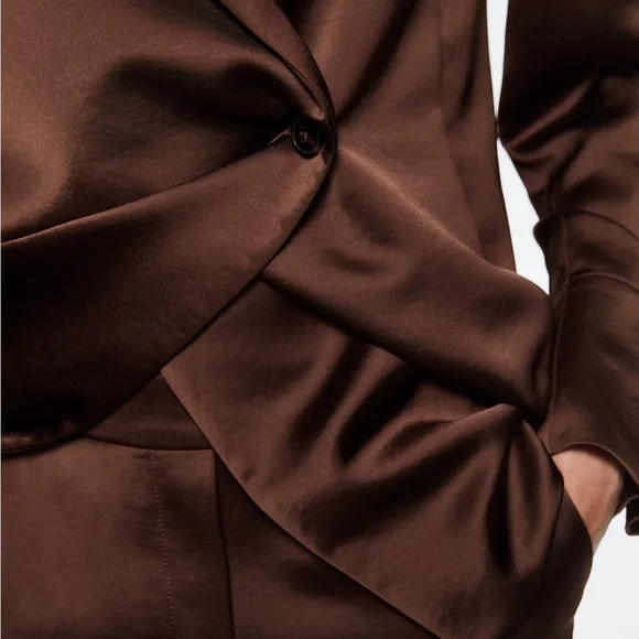 Mango NWT Satin double-breasted jacket Brown Small - Picture 3 of 8